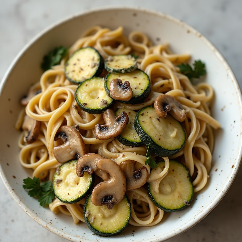 Pâtes crémeuses aux champignons et courgettes