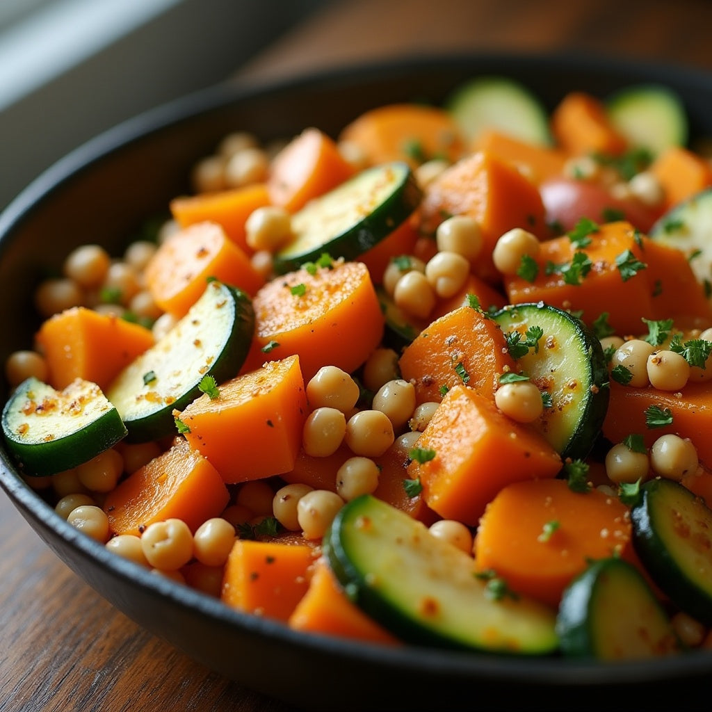 Poêlée de patate douce, courgette et pois chiches au curcuma