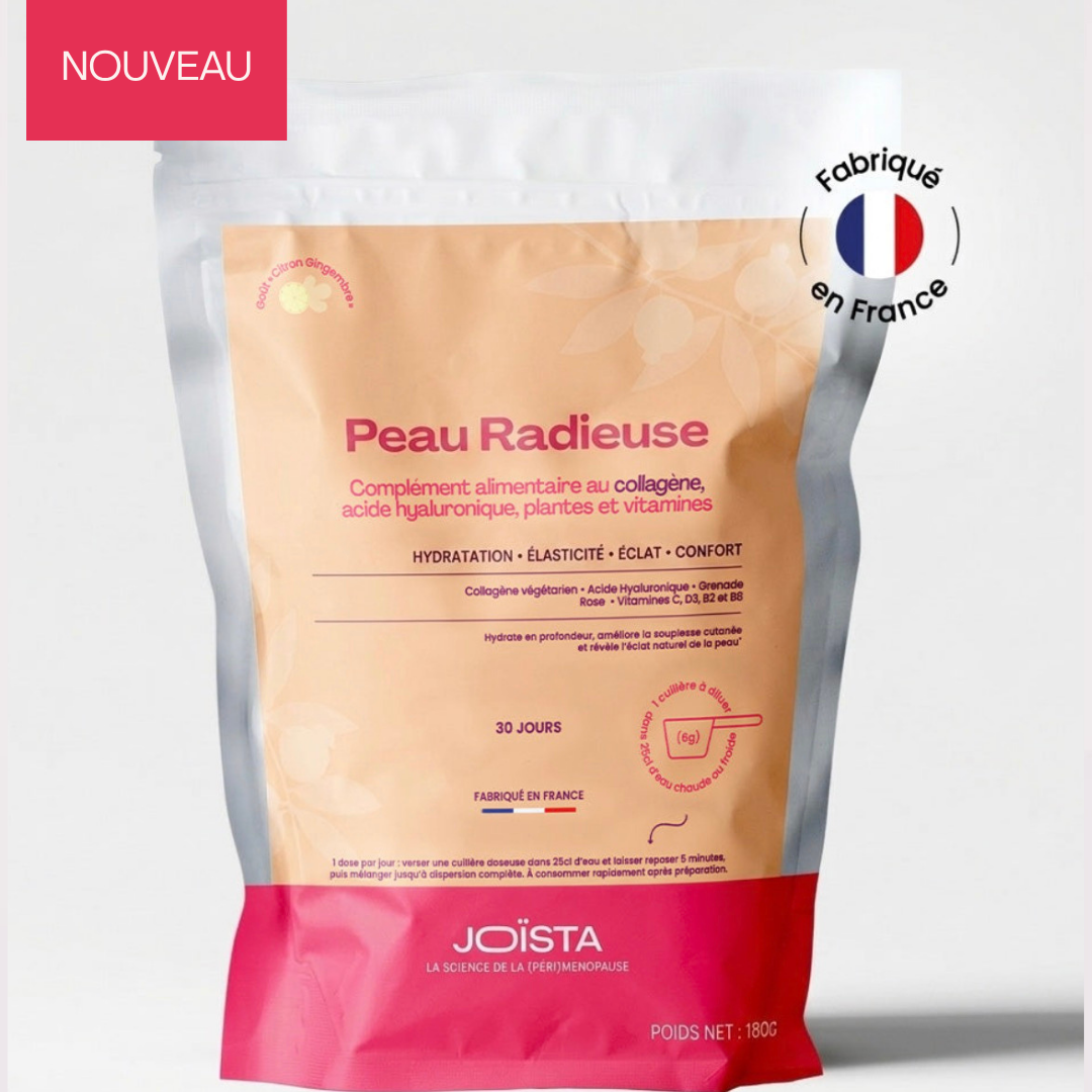 Peau Radieuse collagène végétarien en sachet blanc et pêche, goût citron gingembre, fabriqué en France.