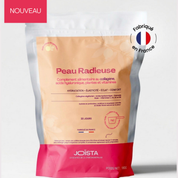 Peau Radieuse collagène végétarien en sachet blanc et pêche, goût citron gingembre, fabriqué en France.
