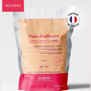 Peau Radieuse collagène végétarien en sachet blanc et pêche, goût citron gingembre, fabriqué en France.