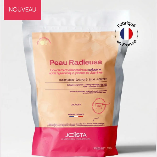 Peau Radieuse collagène végétarien en sachet blanc et pêche, goût citron gingembre, fabriqué en France.