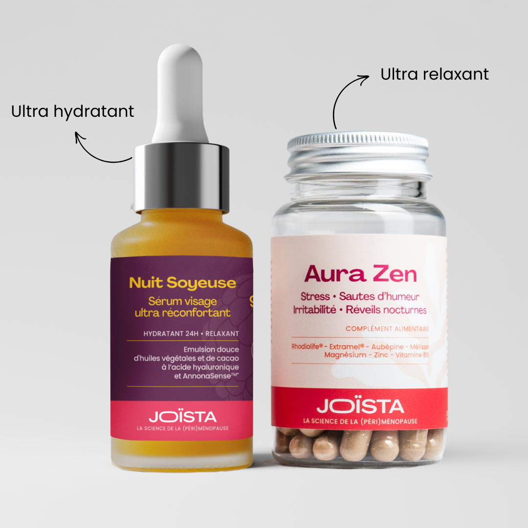 Offre duo Joïsta : Aura Zen et Nuit Soyeuse pour mieux dormir et retrouver une peau éclatante en ménopause