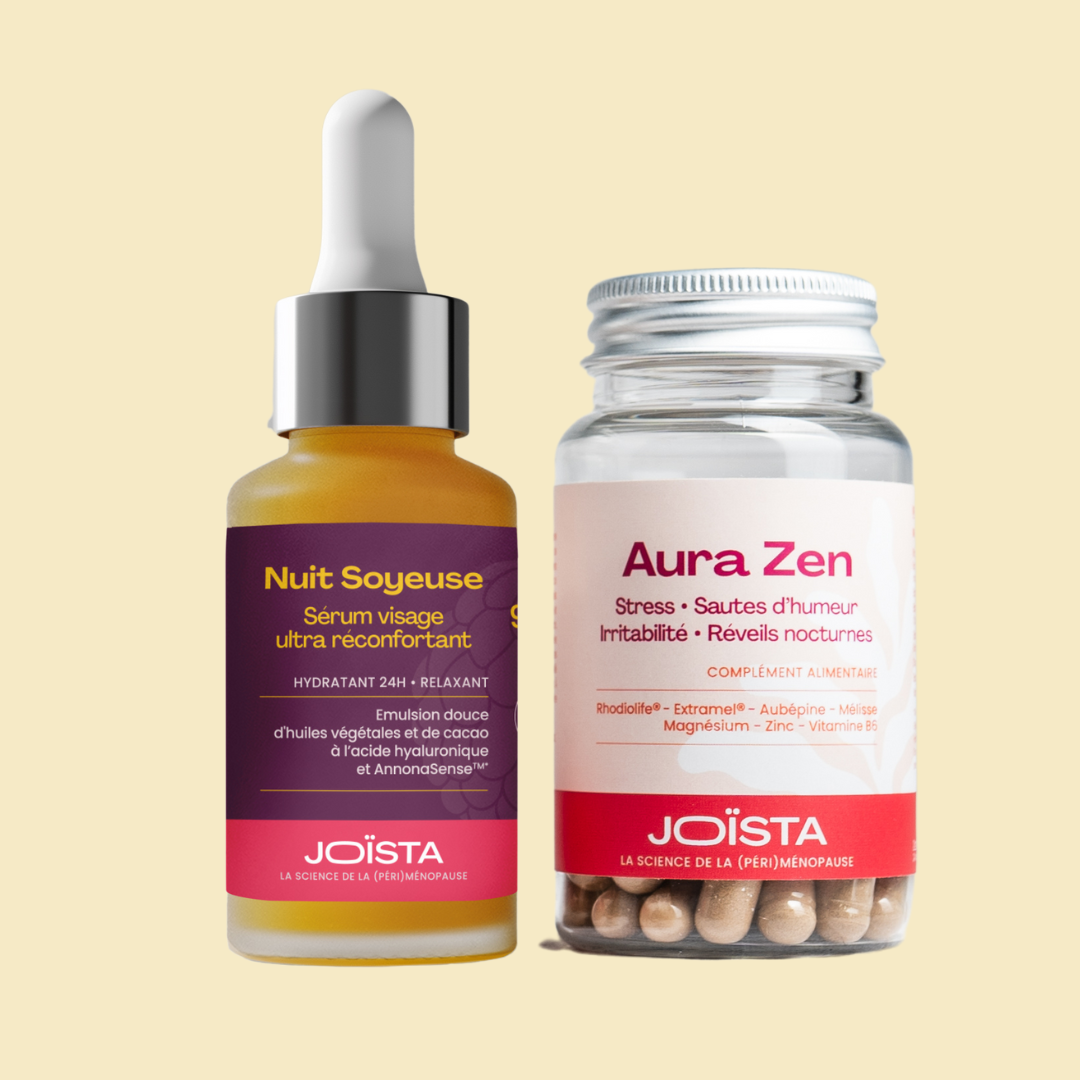 Duo Aura Zen et Nuit Soyeuse de Joïsta : sérum hydratant et complément anti-stress pour un sommeil apaisé