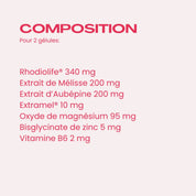 Composition Aura Zen qui détaille les ingrédients comme le rhodiolife, la mélisse, aubépine, extramel, oxyde de magnésium, vitamine B6