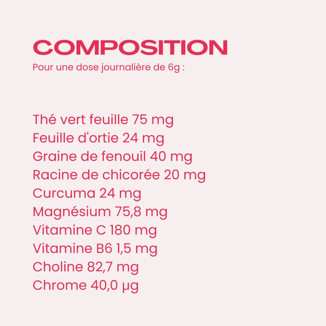 Composition Philtre Détox qui contient: thé feuille, feuille d'ortie, graine de fenouil, chicorée, curcuma, magnésium, vitamine C, B6, choline, chrome