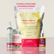 Explication conçu par des pharmaciens de la Gamme complète Joïsta comprennant la brume rosée fraiche, le philtre detox, les compléments aura zen et le sérum nuit soyeuse
