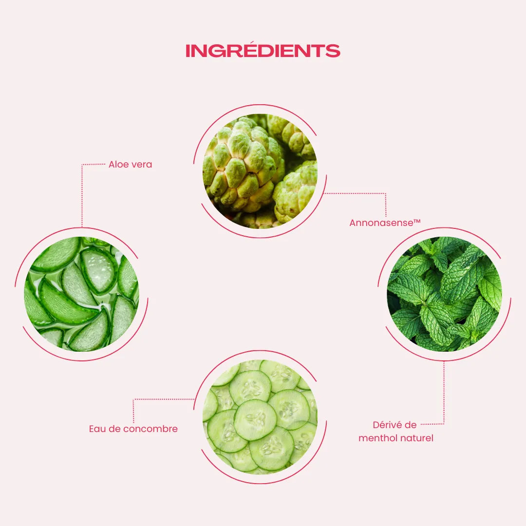 Les ingrédients actifs de la brume Rosée Fraîche Joïsta contre la ménopause sont l'Aloe vera, l'annonasense, un dérivé de menthol naturel et eau de concombre