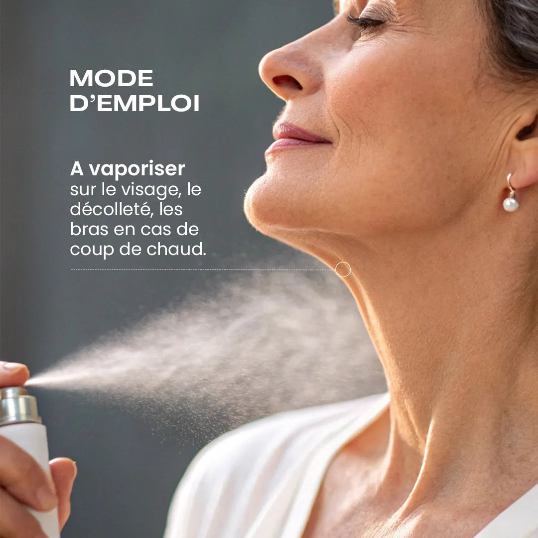 Mode d'emploi de la brume disant " A vaporiser sur le visage, le décolleté, les brais en cas de coup de chaud"
