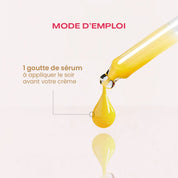 Mode d'emploi du sérum expliquant qu'il faut appliquer une goutte de sérum le soir avant sa crème visage
