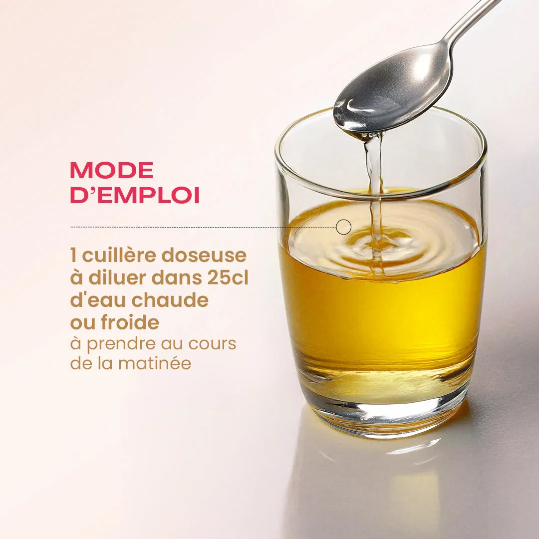Mode d'emploi du Philtre Détox expliquant qu'il faut mettre une cuillere a diluer dans 25cl d'eau chaud ou froide pendant la matinée pour combattre les symptômes de la ménopause
