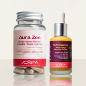 Rituel nocturne de Joista qui comprend un complément alimentaire naturel qui soulage stress et les troubles du sommeil, ainsi qu'un sérum ultra hydratant lors de la ménopause