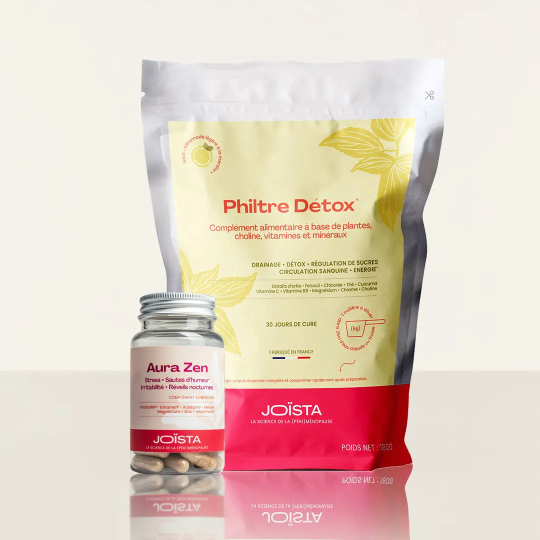Le pack Joïsta essentiel Jour Nuit aide à la détox et traitement des troubles du sommeil, du stress et de l'irritabilité dûs à la ménopause