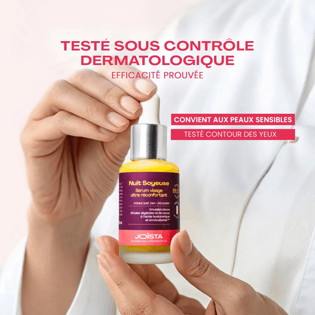 Le sérum nuit soyeuse pour hydrater la peau en ménopause est testé dermatologiquement